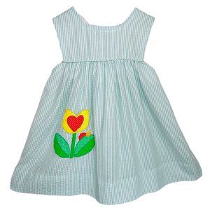 Vintage Girls Green Seersucker Flower Pocket + Ladybug Appliqué Dress 18m